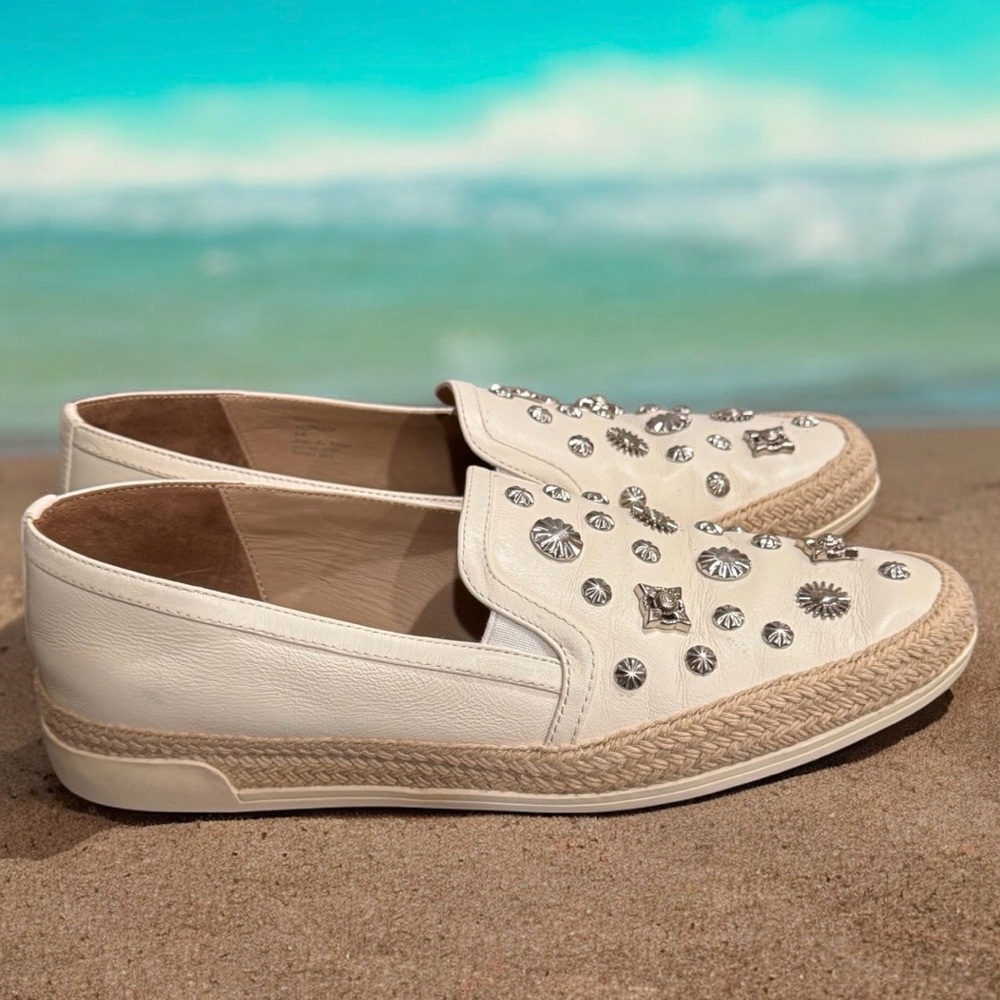 Embellished White leather Slip-On Espadrilles size 8